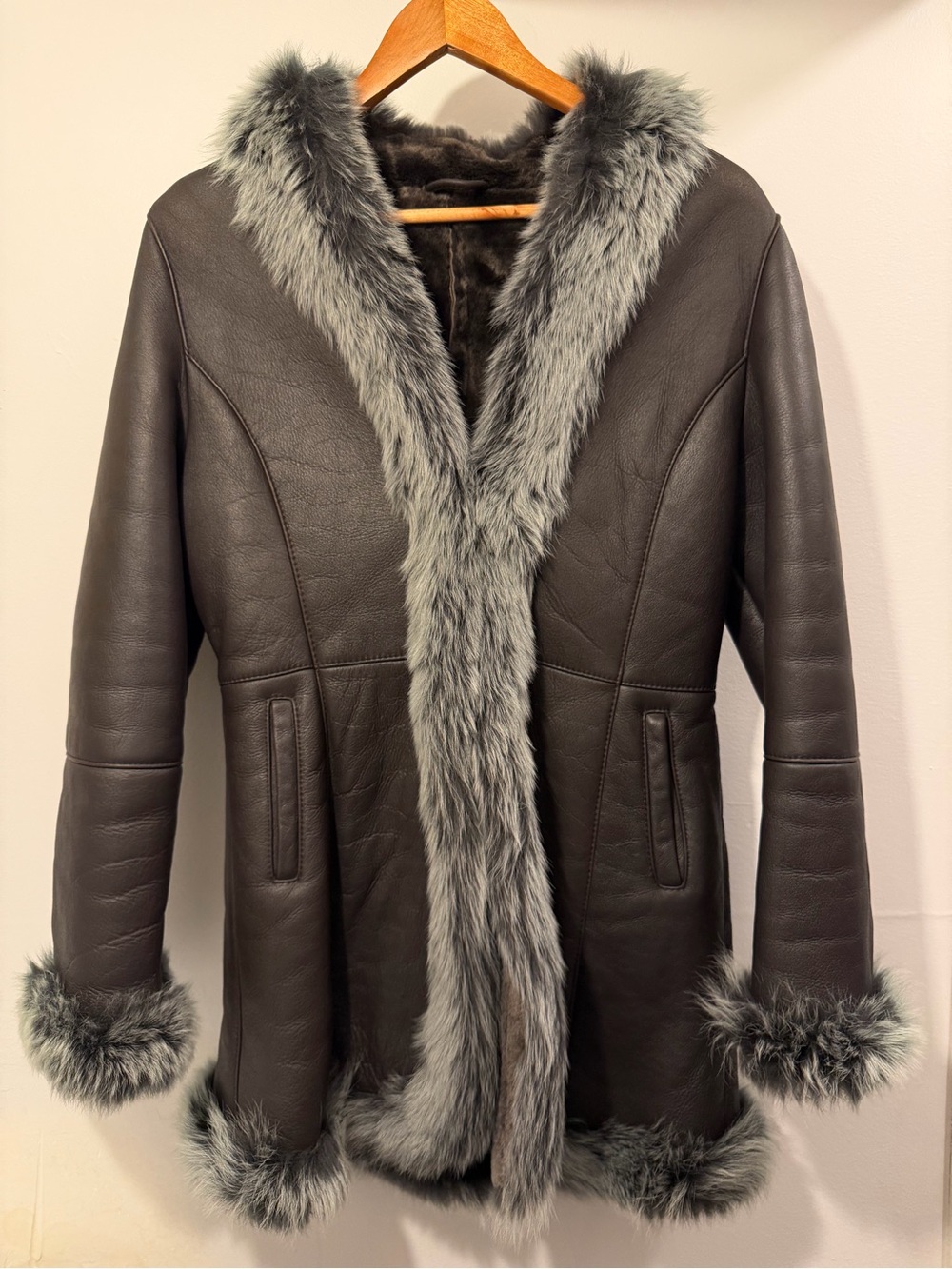 Shearling Leather Coat brown with silver trim penny lane